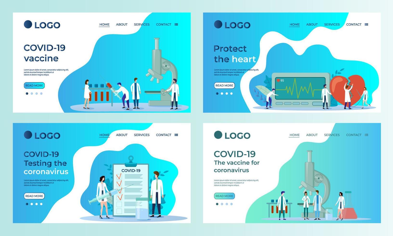 Set of landing page templates. COVID19, coronavirus, testing, health protection.Templates for use in mobile app development.Flat vector illustration.