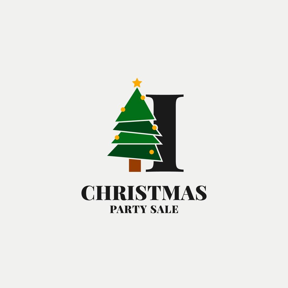 letter I with christmas tree decoration for celebrating december sale or party initial icon vector