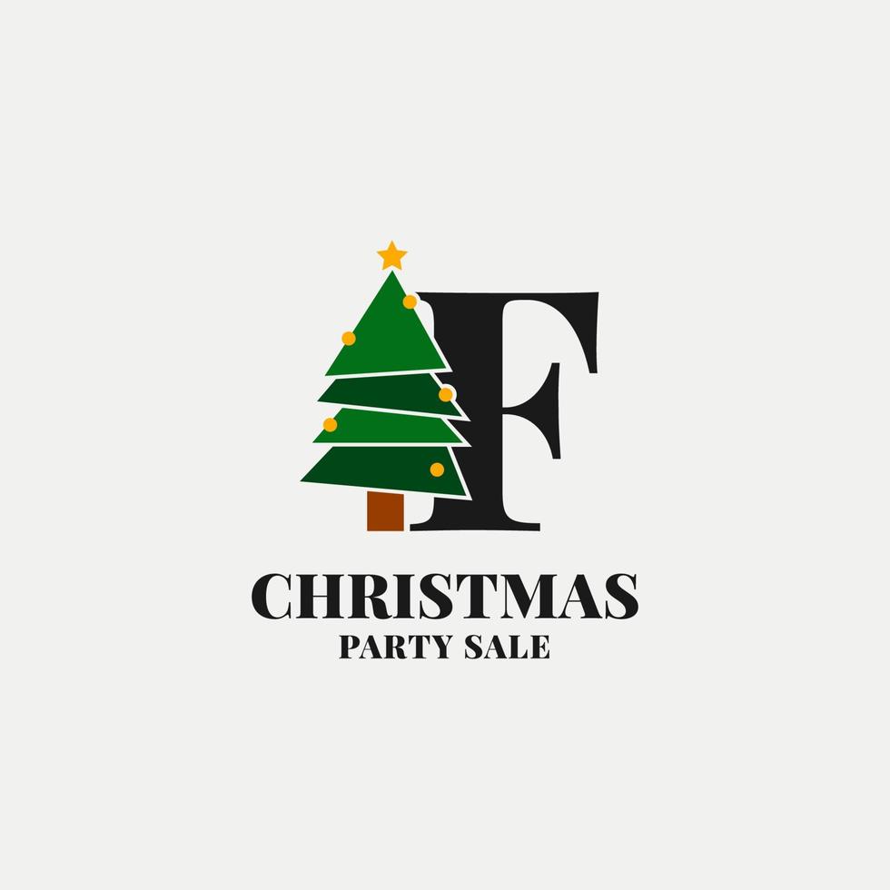 letter F with christmas tree decoration for celebrating december sale or party initial icon vector