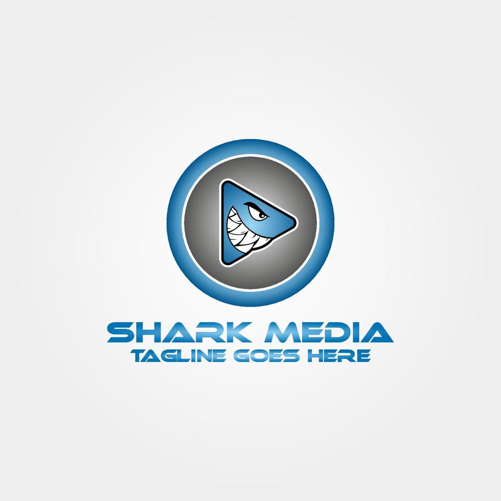 blue angry shark play button inside circle cartoon style vector logo design for multimedia store and app