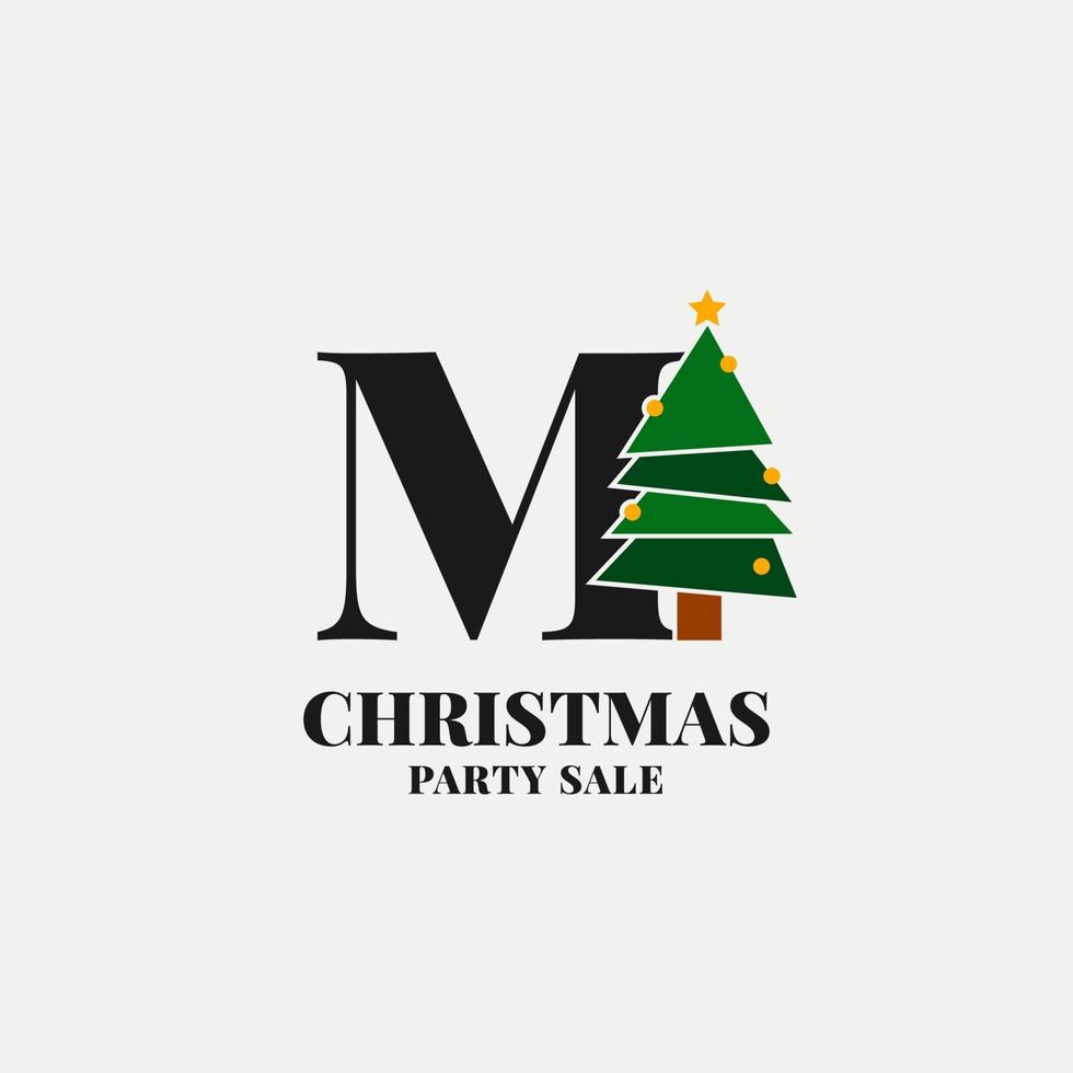 letter M with christmas tree decoration for celebrating december sale or party initial icon vector