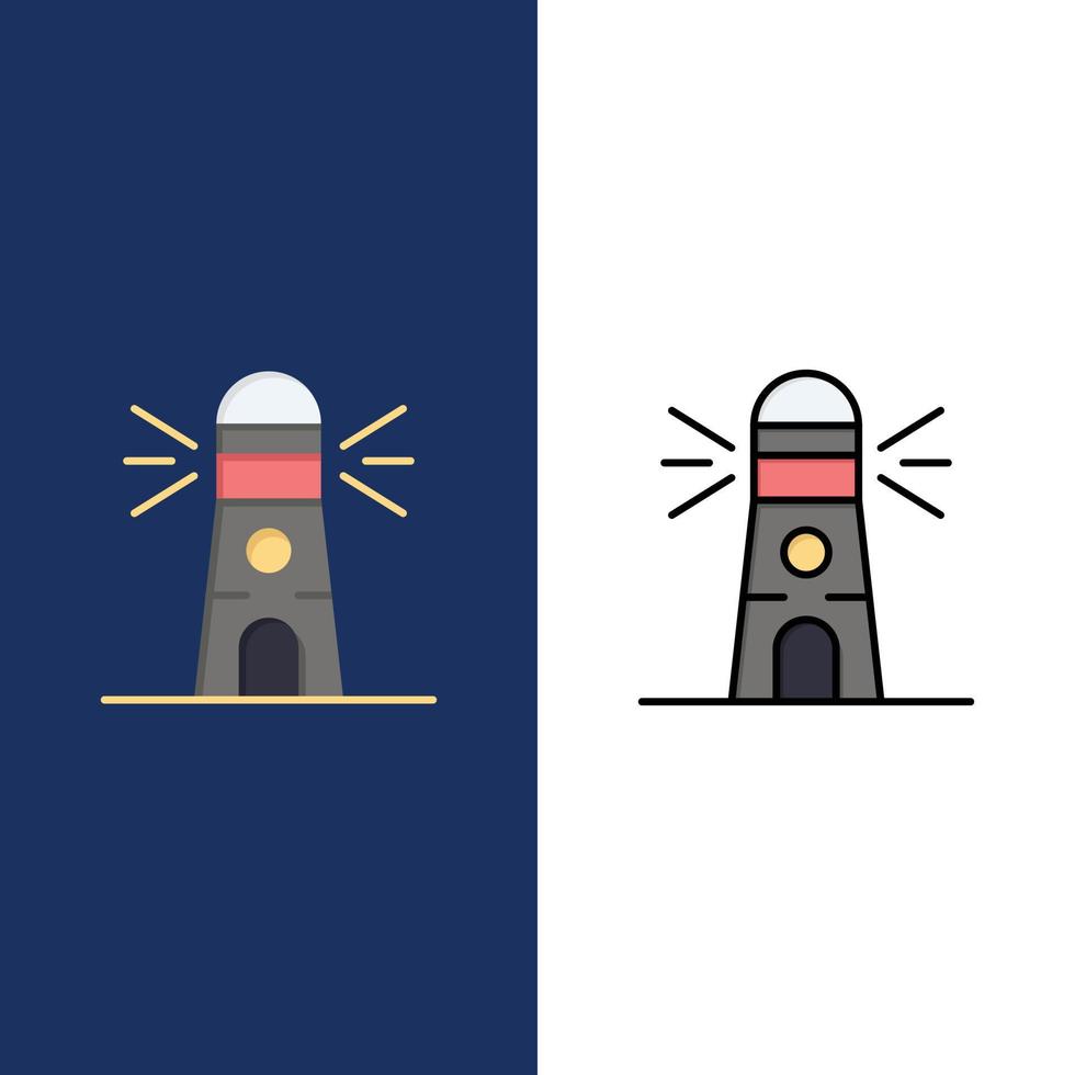 Lighthouse Building Navigation House  Icons Flat and Line Filled Icon Set Vector Blue Background
