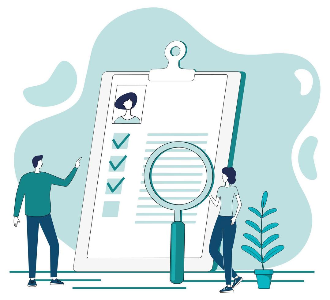 People pick up jobs.Resume review, recruitment, employee search, HR, headhunting.Flat abstract vector illustration.