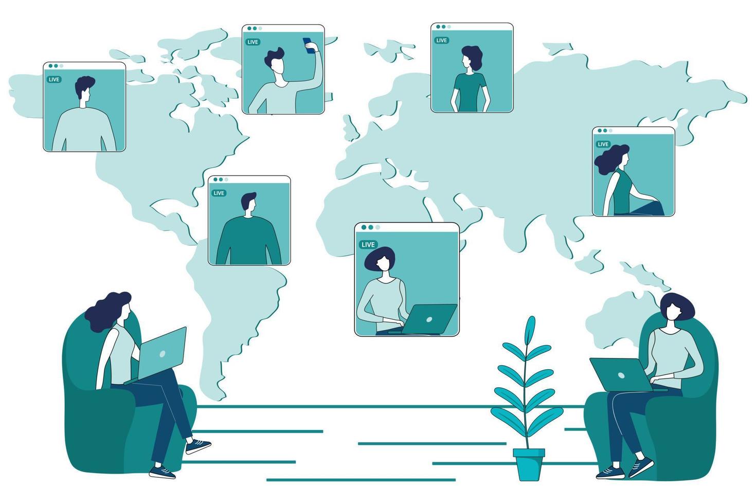 Online video conference.Concept of doing business online, online meeting.People hold talks or meetings against the background of the planet Earth.Flat vector illustration.