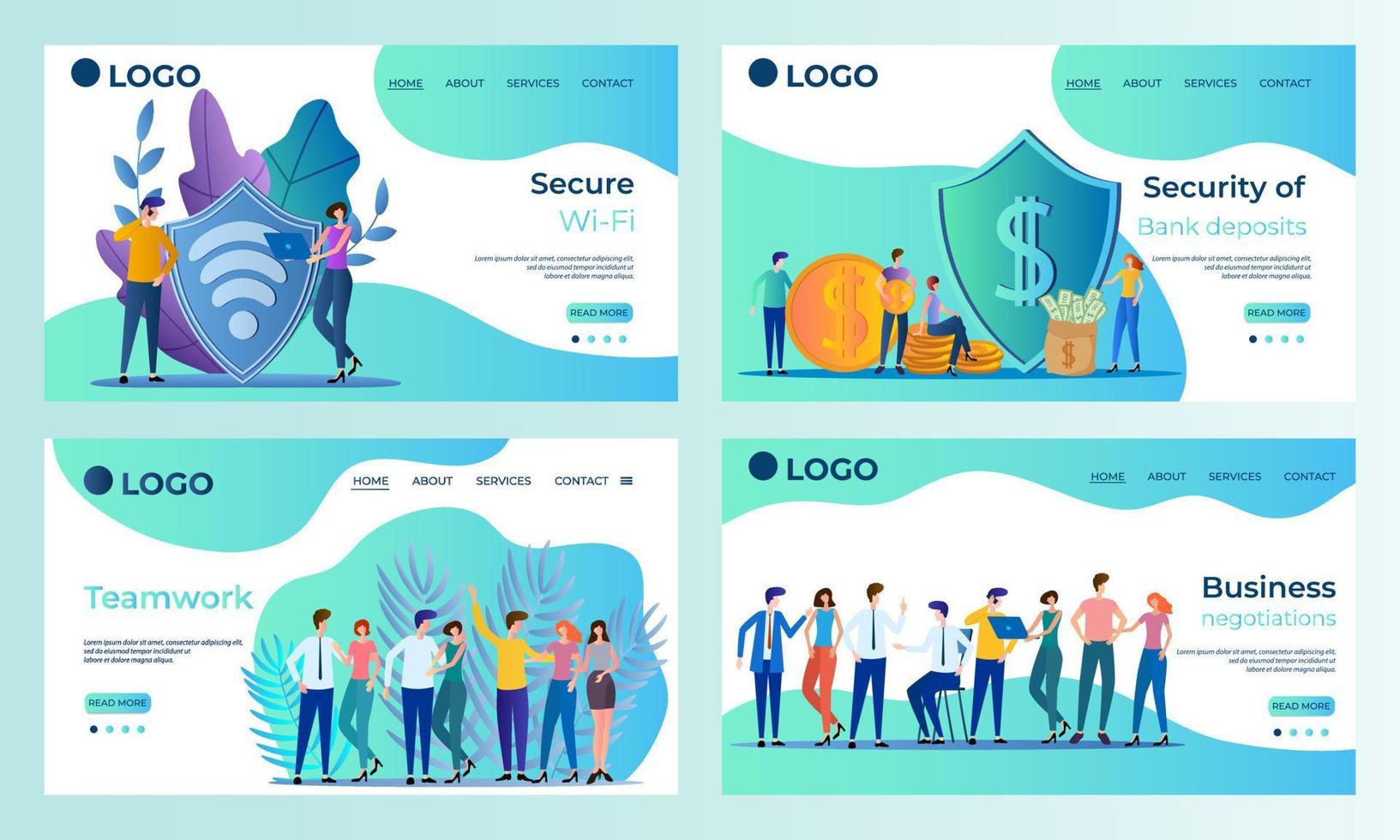 A set of landing page templates.Secure WI-FI,Bank Deposit Protection, Teamwork, Business negotiations.Templates for use in mobile app development.Flat vector illustration.