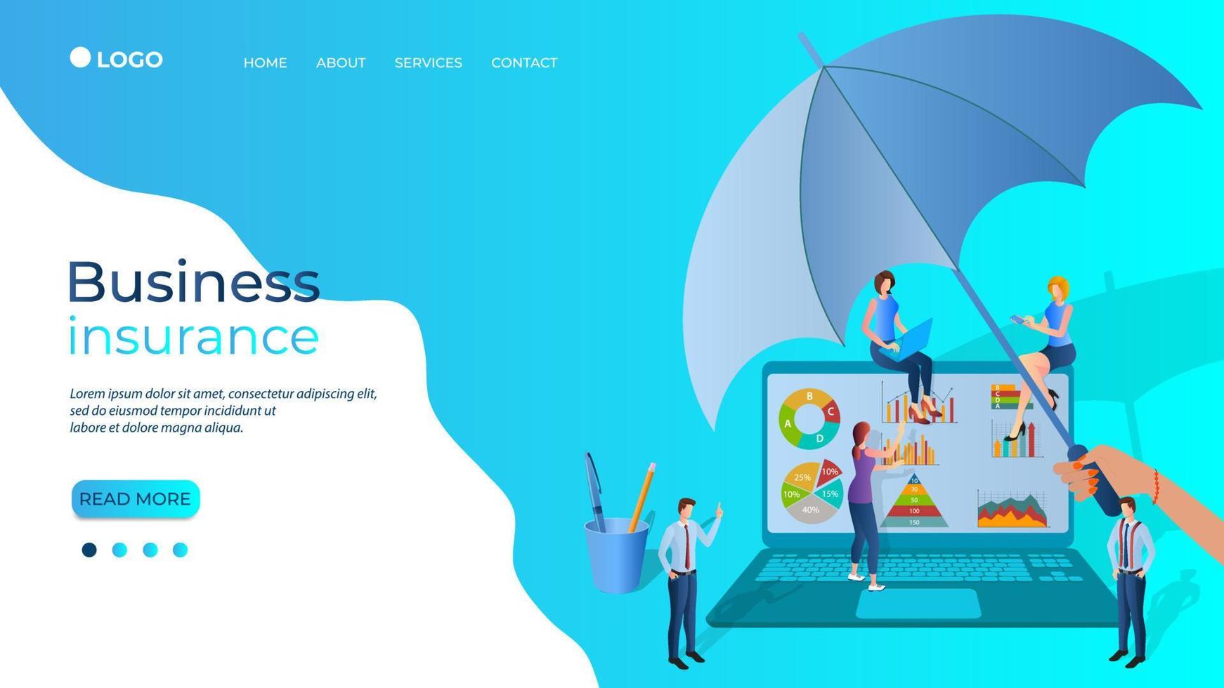 Business insurance.People and a hand with an umbrella covers businessmen on the background of a laptop with infographics.The concept of promoting and protecting business and business projects. vector