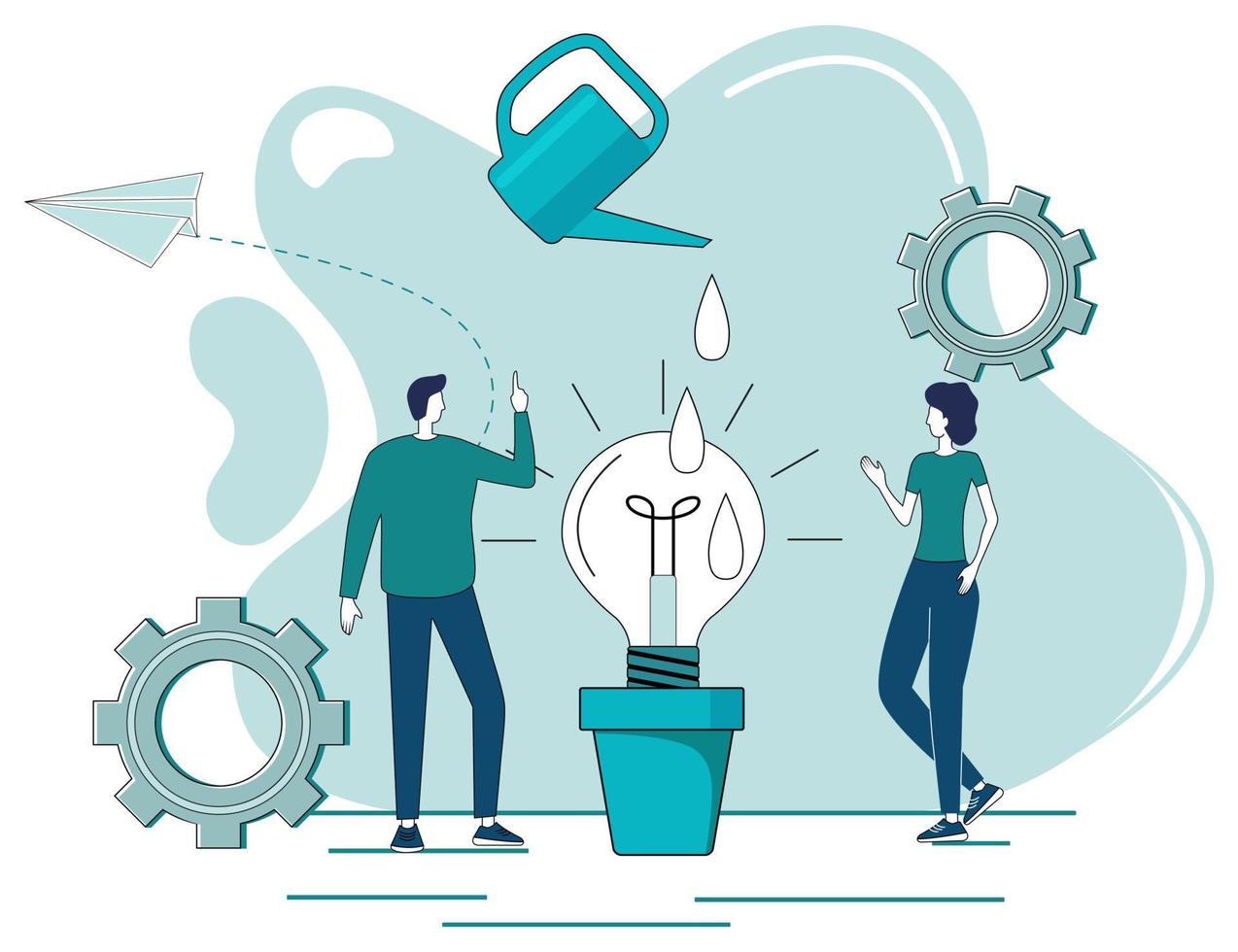 Creating a new startup.People grow a light bulb in a pot.Light bulb as a symbol of new ideas, business incubator.Concept of support for young businessmen.Flat vector illustration.