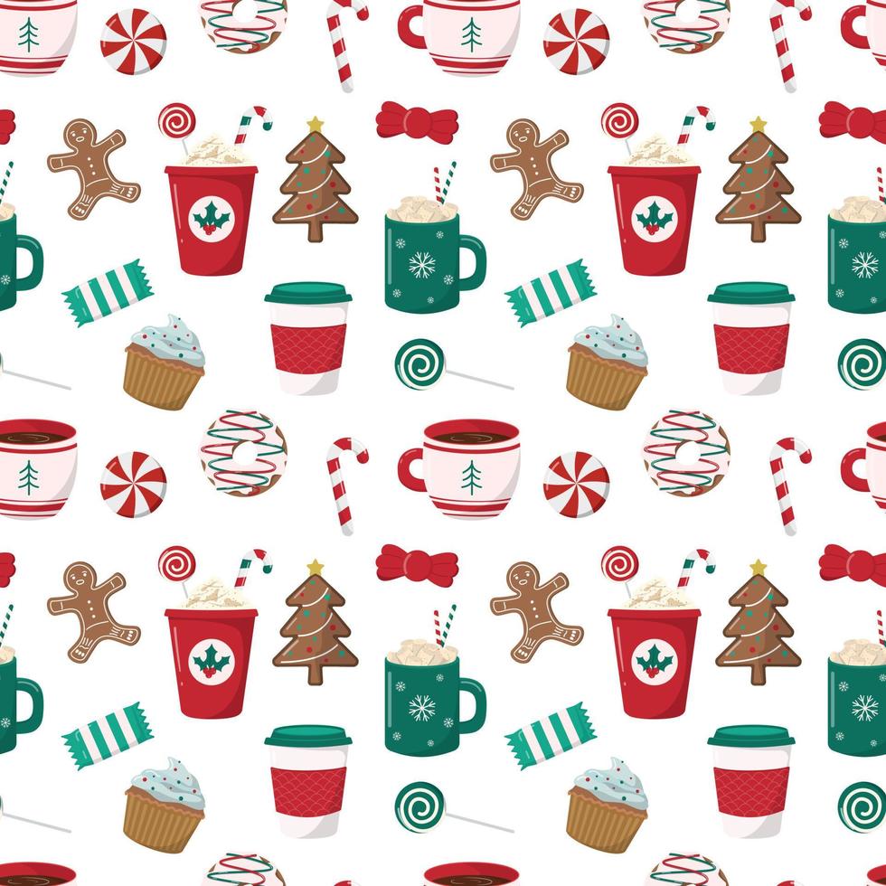 Hot winter drinks and holiday bakery seamless pattern. Coffee with cream, cocoa with marshmallow, cupcakes, donuts, cookies. Isolated on white background. Holiday themed digital paper. vector