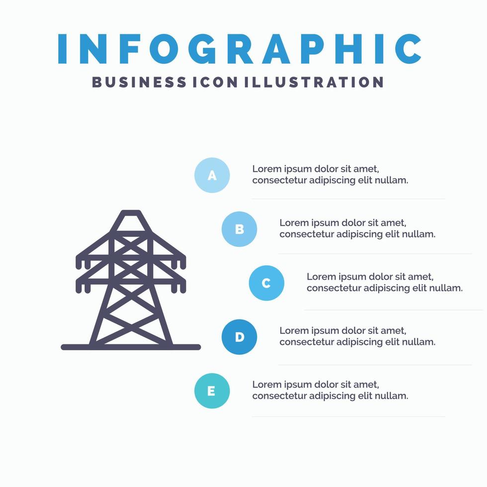 icono de línea de torre de transmisión de transmisión de energía eléctrica con infografía de presentación de 5 pasos b vector