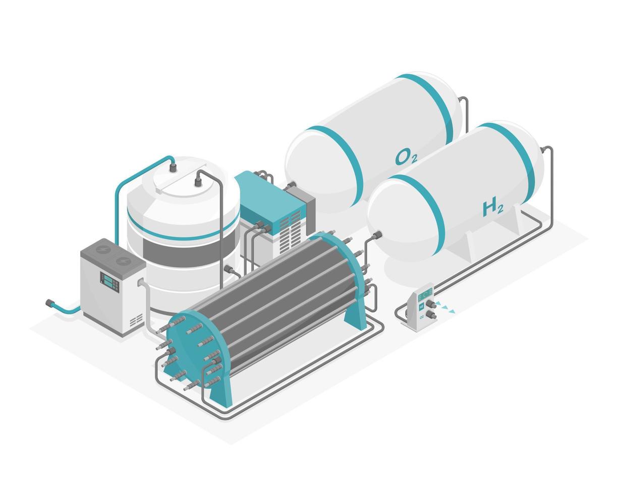 hidrógeno h2 energía planta de energía producción energía verde ecología sistema diseño diagrama azul vector isométrico