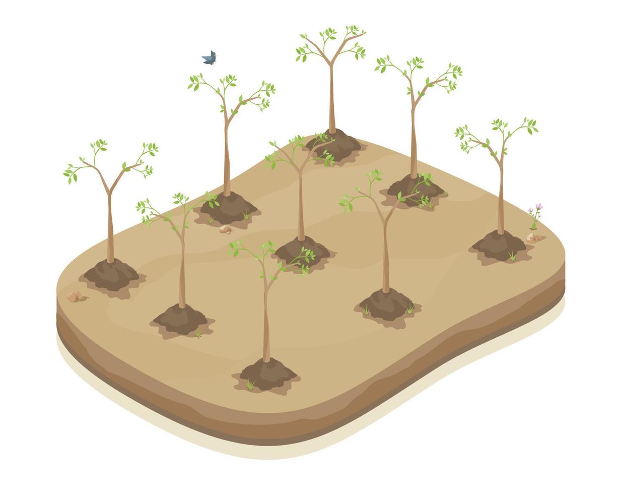 potencial de reforestación plantar un árbol pared verde de árboles conservación del medio ambiente fábrica isométrica ecología paso vector aislar