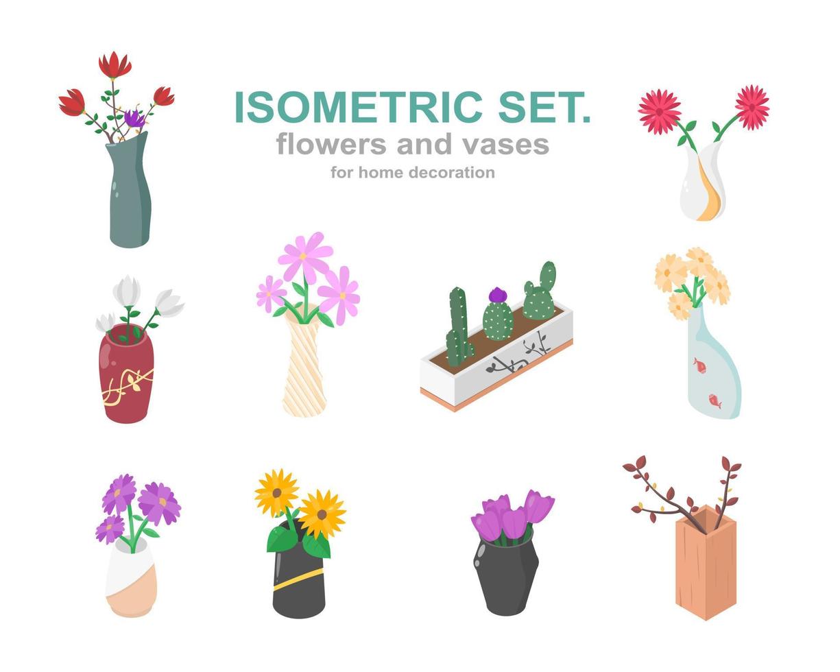 flores y jarrones isométricos para la decoración del hogar conjunto de vectores aislados