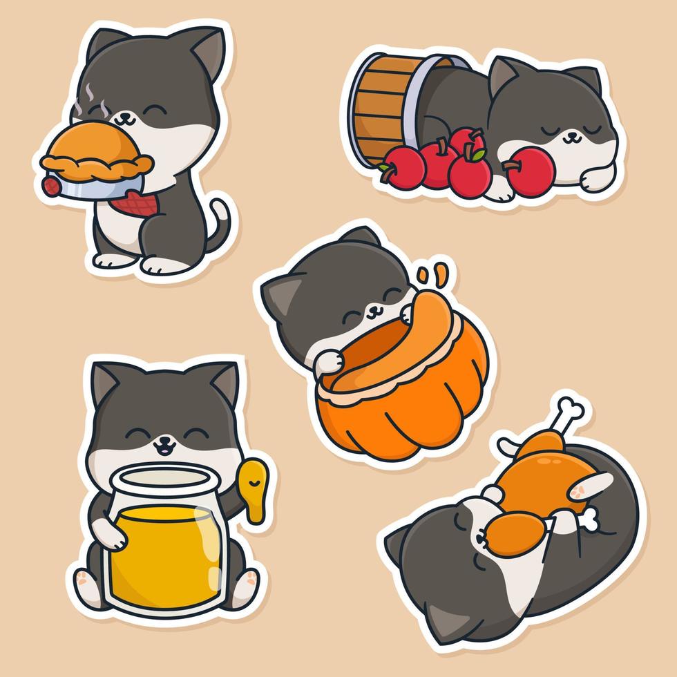 Cute cat with thanksgiving food sticker set vector