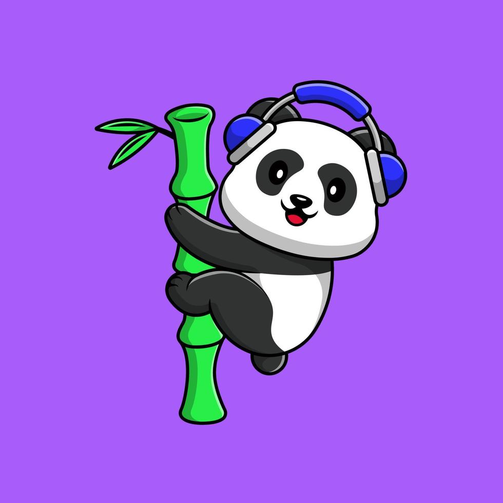 Cute Panda Hug Bamboo With Headphone Cartoon Vector Icons Illustration. Flat Cartoon Concept. Suitable for any creative project.