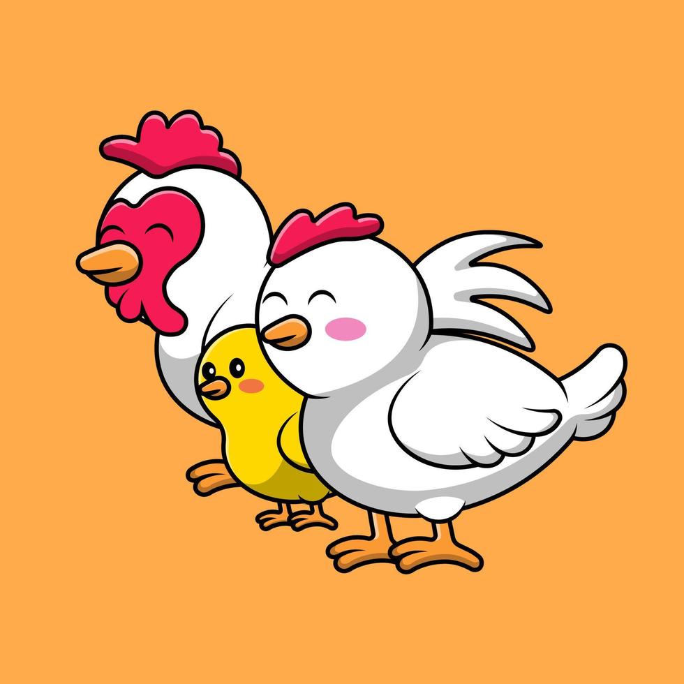 Cute Dad And Mom Chicken With Chick Cartoon Vector Icons Illustration. Flat Cartoon Concept. Suitable for any creative project.