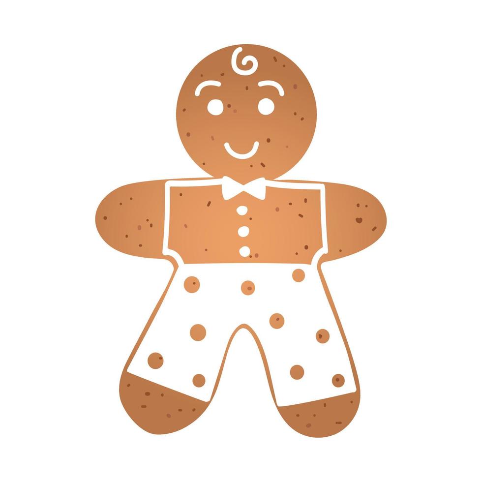 Holiday gingerbread cookie in shape of man with white icing. Vector illustration in flat style