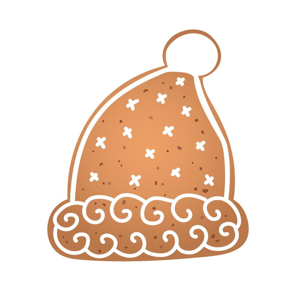 Holiday gingerbread cookie in shape of christmas hat with white icing. Vector illustration in flat style