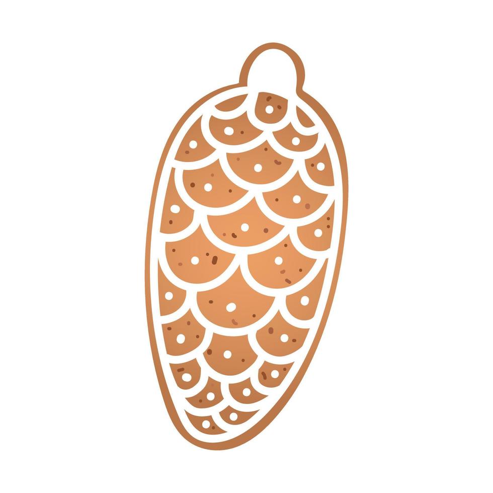 Holiday gingerbread cookie in shape of fir cone with white icing. Vector illustration in flat style