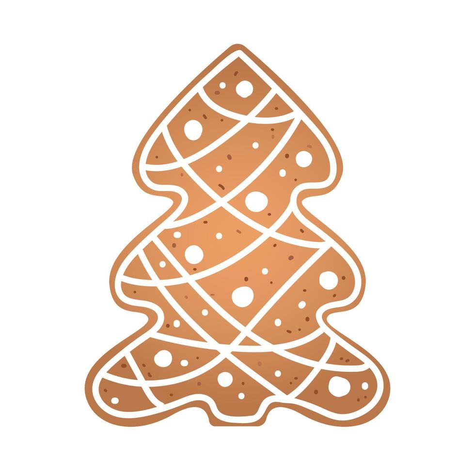 Holiday gingerbread cookie in shape of christmas tree with white icing. Vector illustration in flat style