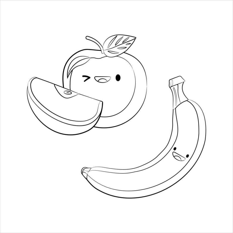 Outline drawing of apple and banana. Black and white Vector icon cute