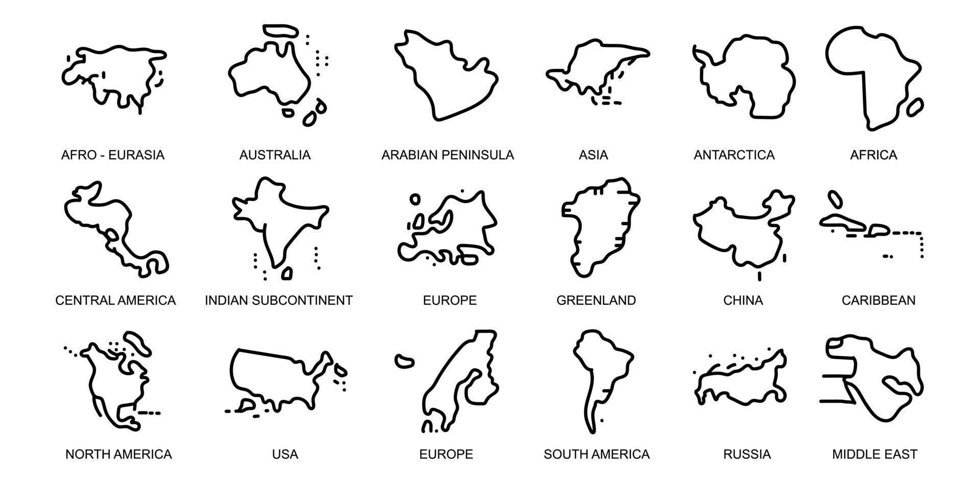 World Regions related, square line vector icon set for applications and website development