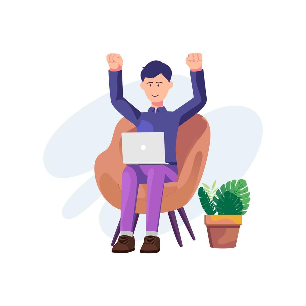 Happy man with laptop sitting on chair and throwing his hands in the air celebrating success vector