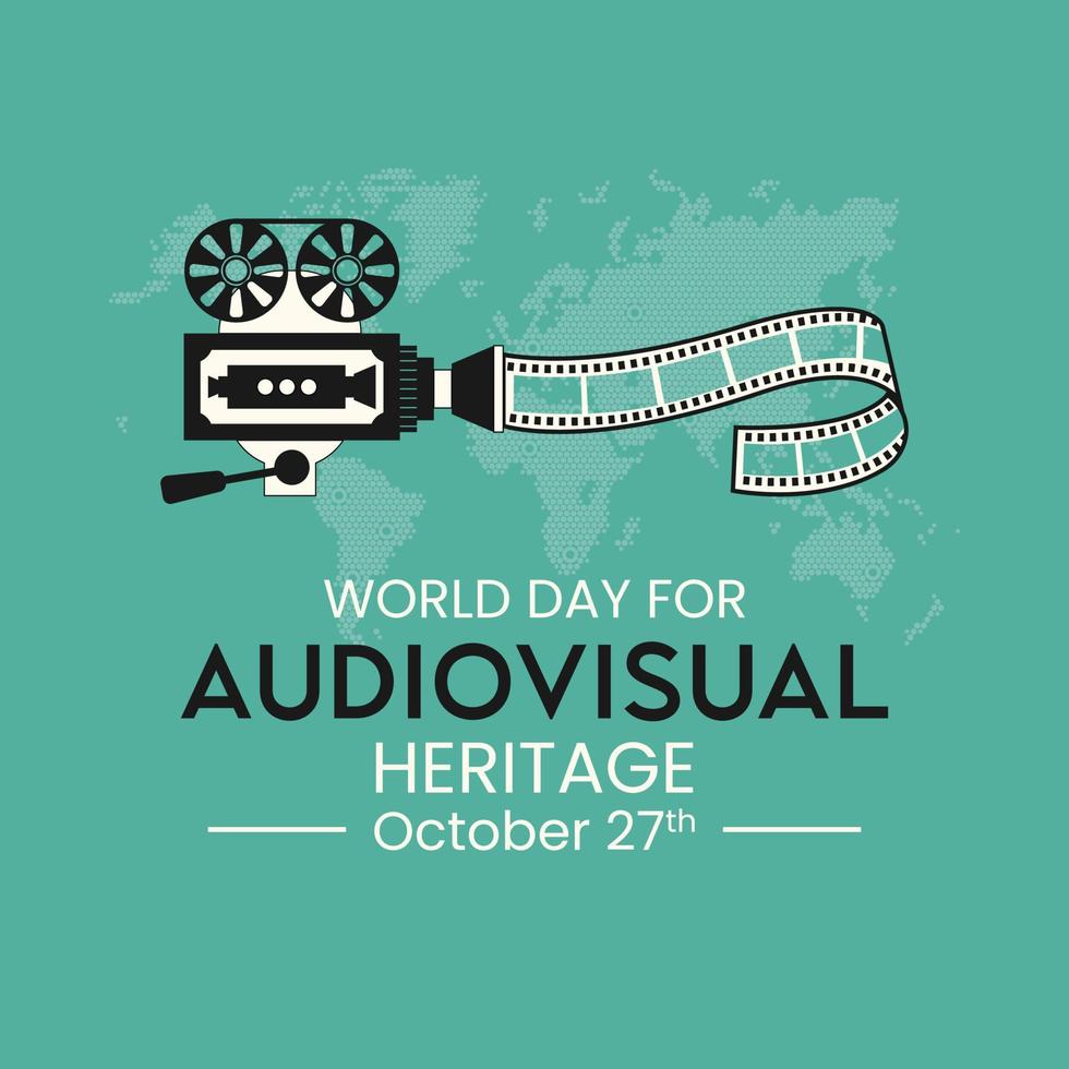 Old movie camera and film tape roll show a piece of history about lives and cultures from all over the world. World day for audiovisual heritage on October 27 across the globe. vector