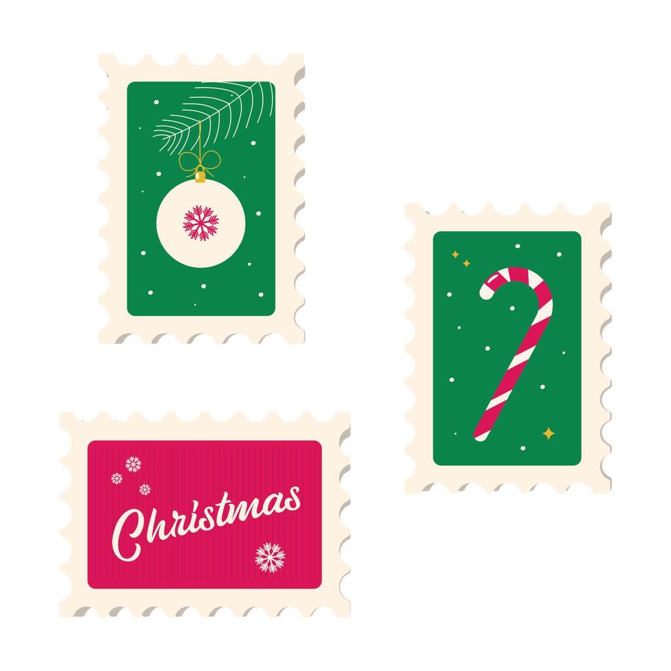 Set of vintage postage stamps. Vector Christmas stamps in green and red. Christmas tree toy, lollipop and snowflakes.