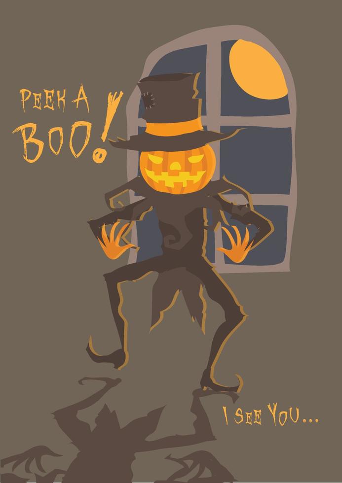 un humano con cabeza de calabaza camina por una calle solitaria y oscura cerca de una casa vacía embrujada. vector de capas editables