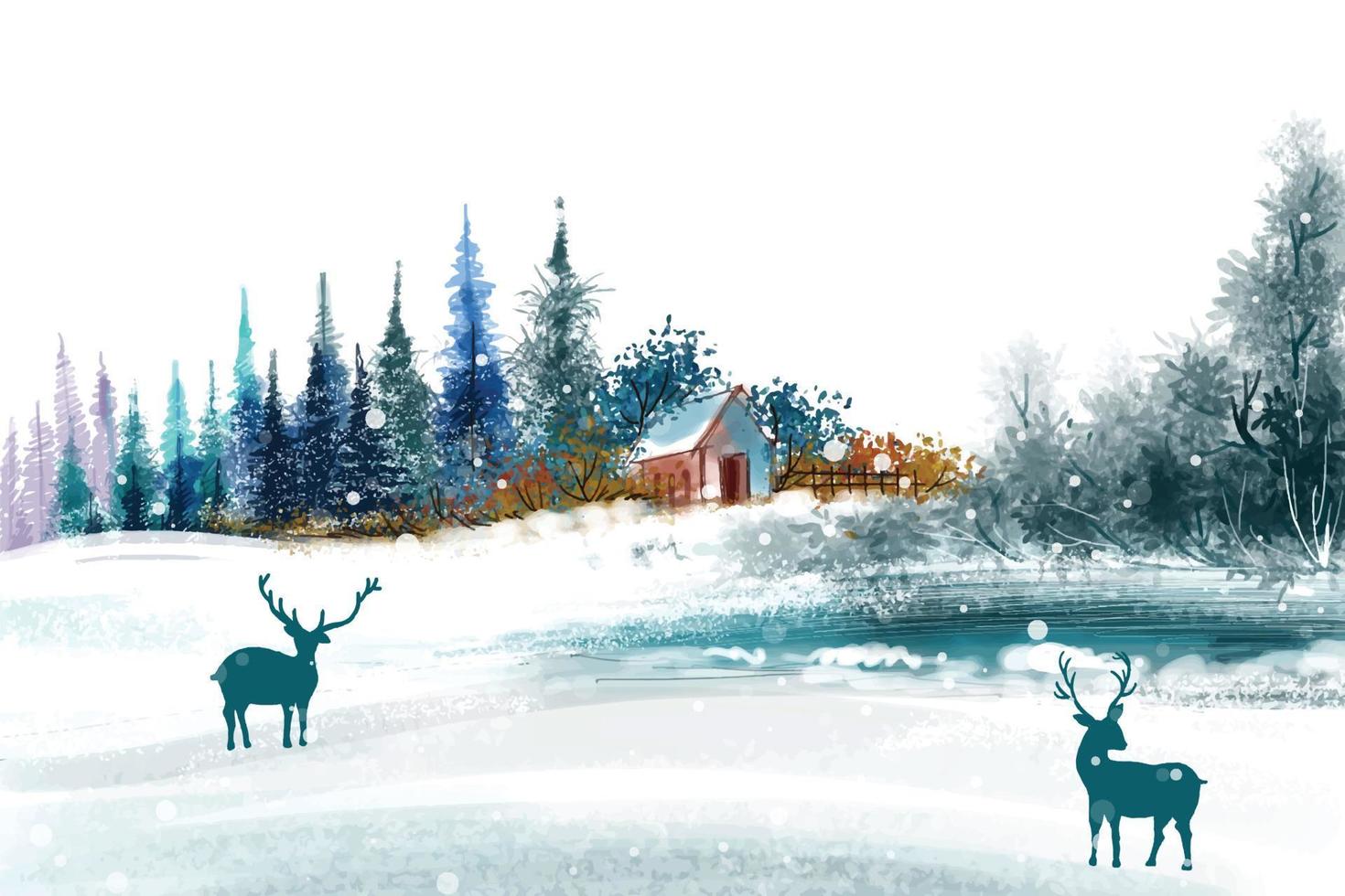 Winter landscape with falling christmas snow and tree holiday card background vector