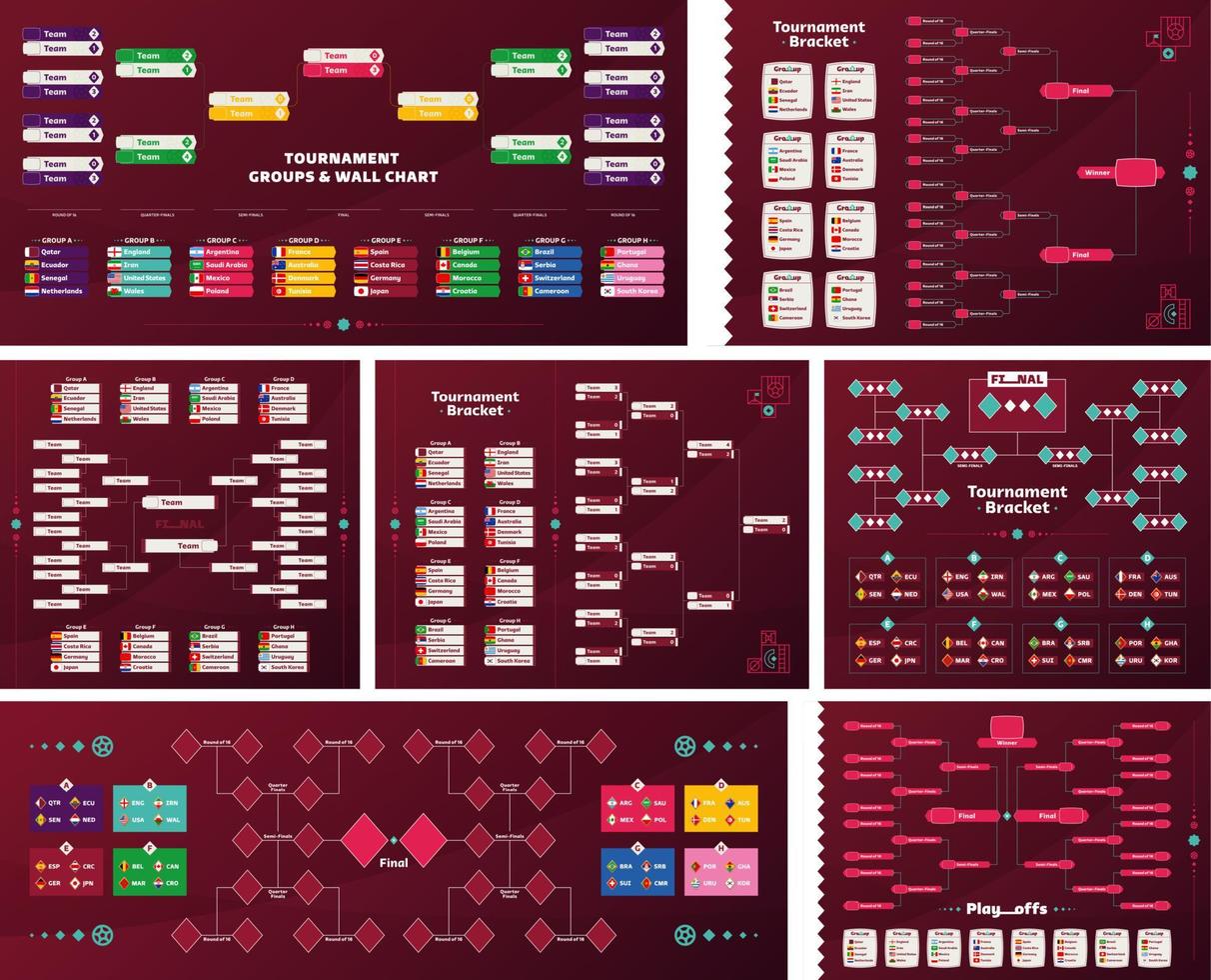 conjunto de plantillas de calendario de partidos de playoffs de fútbol mundial 2022. Soporte del torneo de fútbol 2022 con grupos y partidos. tabla de resultados de fútbol, participando en la eliminatoria final del campeonato vector