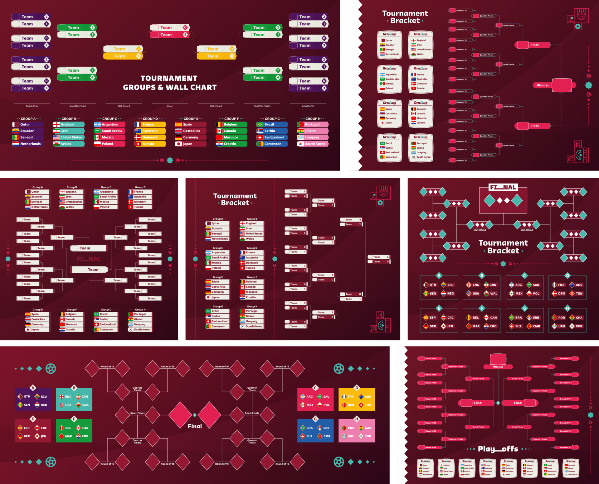 World Football 2022 playoff match schedule with groups and national flags.  Tournament bracket. 2022 Football results table, participating to the final  championship knockout. vector illustration 12506036 Vector Art at Vecteezy