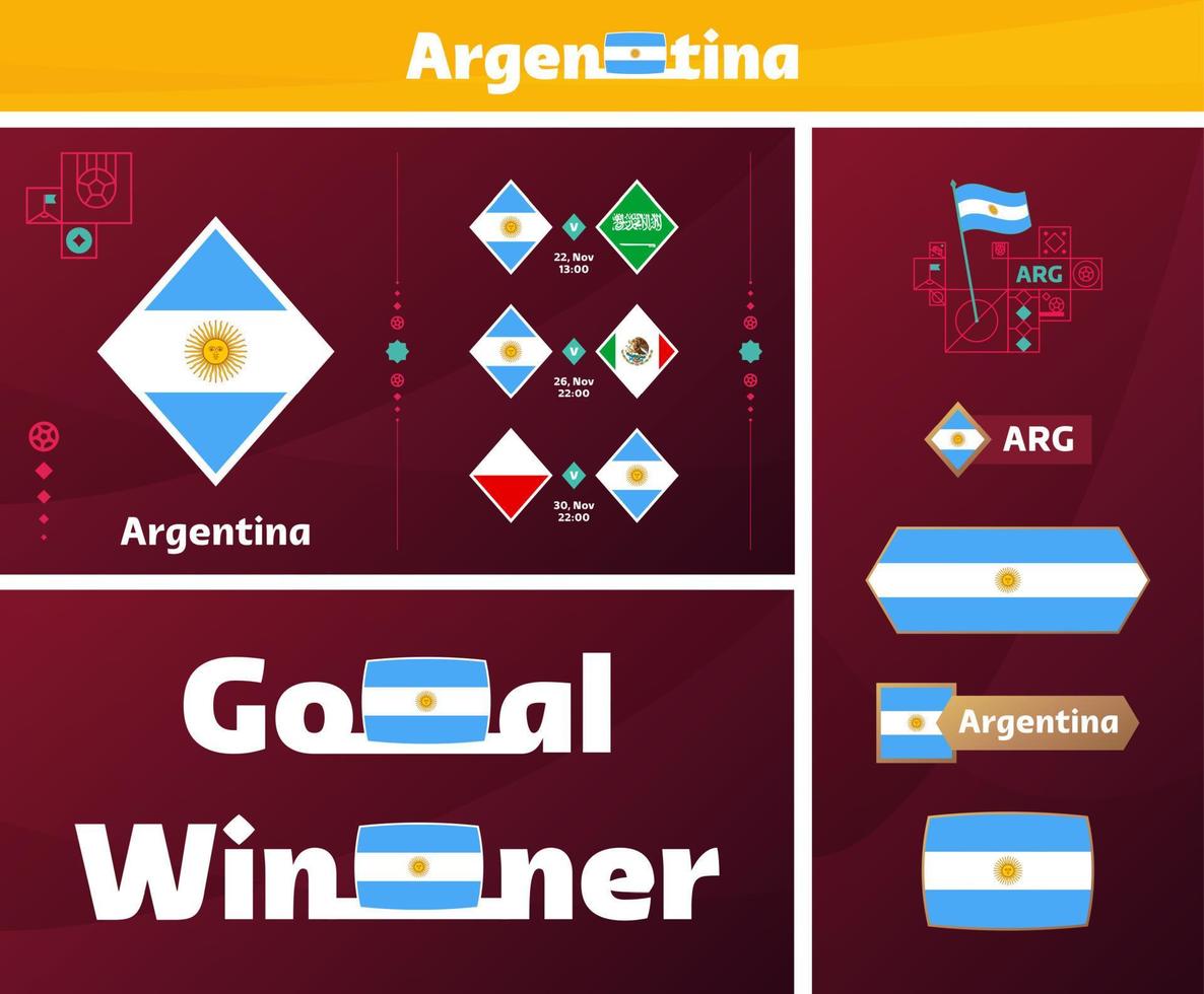 Colección gráfica del kit de medios de diseño de la selección argentina. Conjunto vectorial de elementos de diseño del campeonato mundial de fútbol o fútbol 2022. pancartas, carteles, kit de redes sociales, plantillas, marcador vector