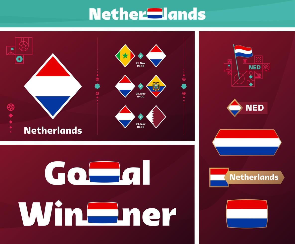 Colección gráfica del kit de medios de diseño del equipo nacional de Holanda. Conjunto vectorial de elementos de diseño del campeonato mundial de fútbol o fútbol 2022. pancartas, carteles, kit de redes sociales, plantillas, marcador vector