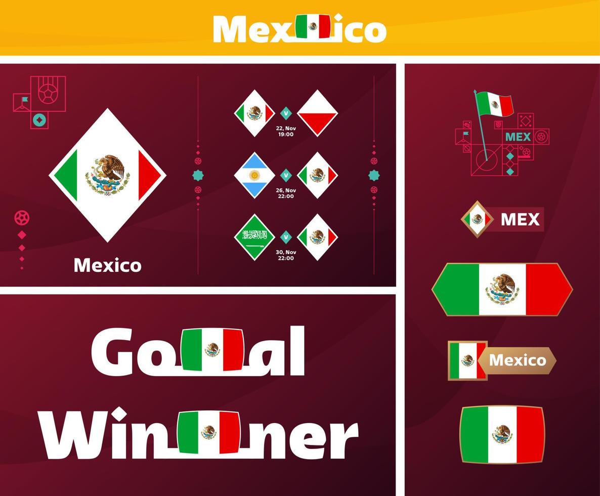 Colección gráfica del kit de medios de diseño de la selección nacional de México. Conjunto vectorial de elementos de diseño del campeonato mundial de fútbol o fútbol 2022. pancartas, carteles, kit de redes sociales, plantillas, marcador vector