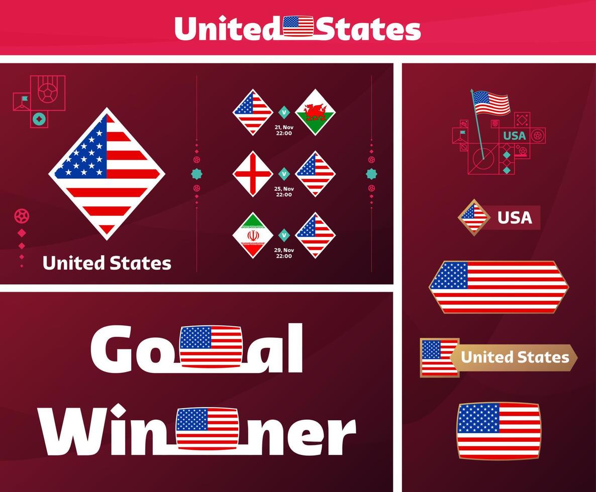 usa national team design media kit graphic collection. 2022 world Football or Soccer Championship design elements vector set. Banners, Posters, Social Media kit, templates, scoreboard