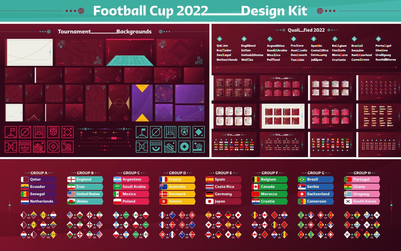 kit de diseño de redes sociales de la copa de fútbol 2022. conjunto de ilustración vectorial para la copa de fútbol 2022. fondo de patrón cuadrado y horizontal, grupos, partidos y elementos de diseño vector