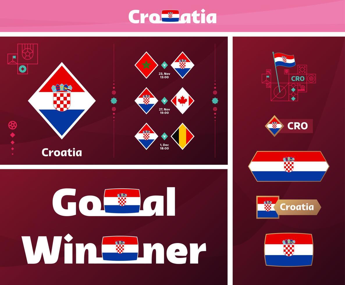 croatia national team design media kit graphic collection. 2022 world Football or Soccer Championship design elements vector set. Banners, Posters, Social Media kit, templates, scoreboard