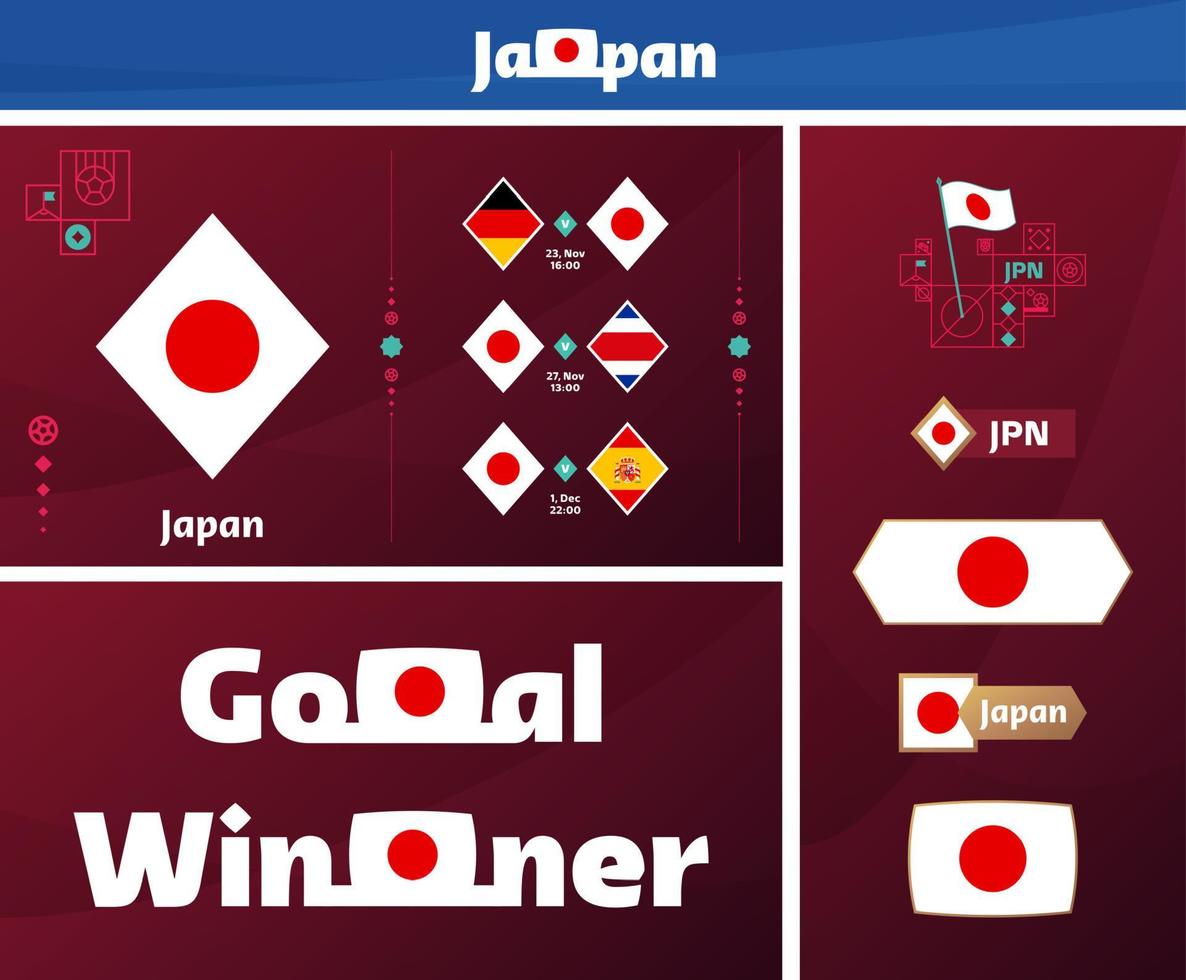 Colección gráfica del kit de medios de diseño del equipo nacional de Japón. Conjunto vectorial de elementos de diseño del campeonato mundial de fútbol o fútbol 2022. pancartas, carteles, kit de redes sociales, plantillas, marcador vector