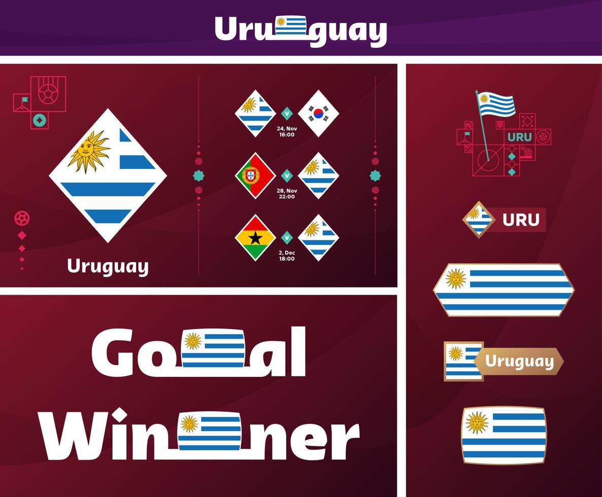 colección gráfica del kit de medios de diseño de la selección nacional de uruguay. Conjunto vectorial de elementos de diseño del campeonato mundial de fútbol o fútbol 2022. pancartas, carteles, kit de redes sociales, plantillas, marcador vector