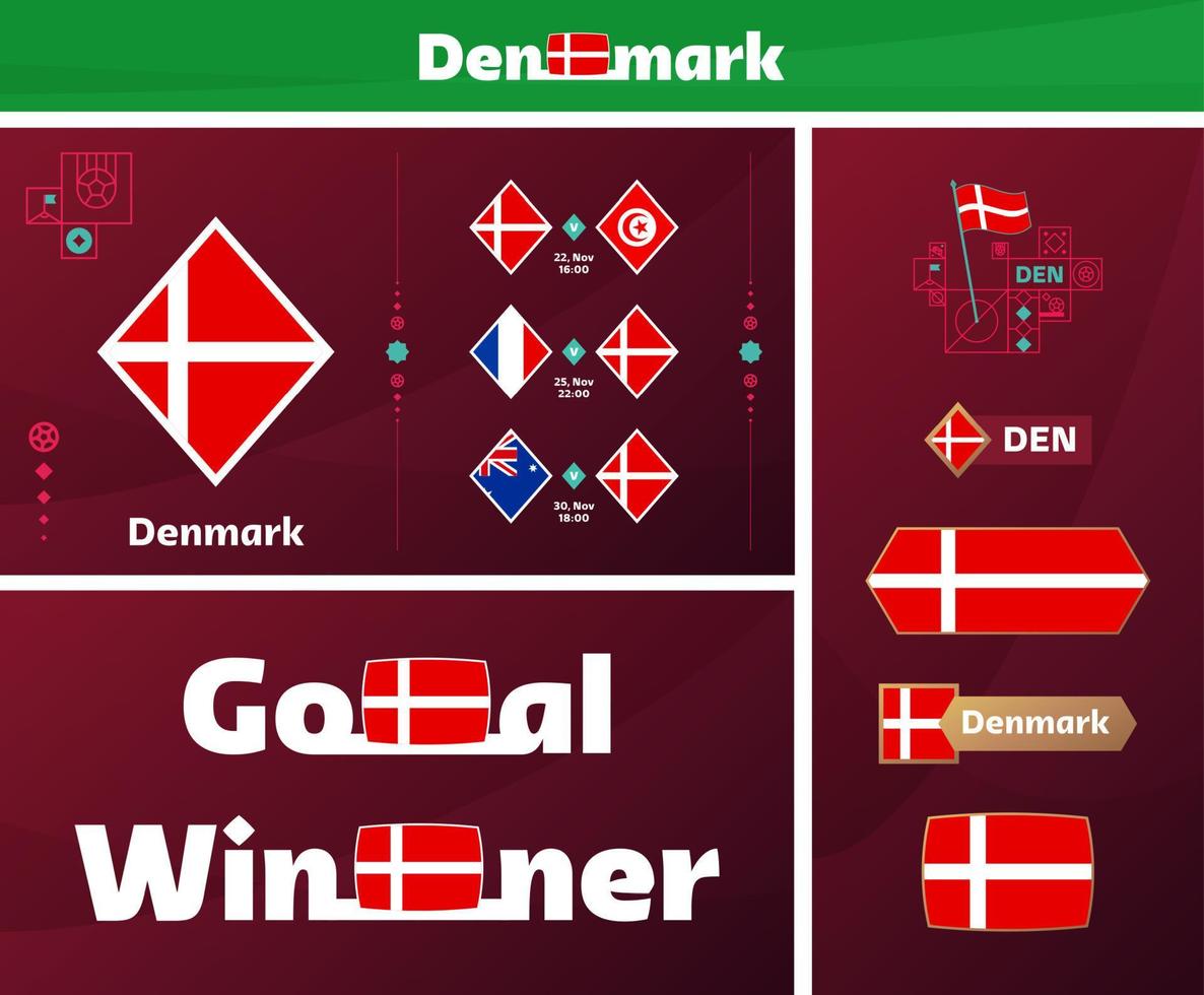 Colección gráfica del kit de medios de diseño del equipo nacional de Dinamarca. Conjunto vectorial de elementos de diseño del campeonato mundial de fútbol o fútbol 2022. pancartas, carteles, kit de redes sociales, plantillas, marcador vector