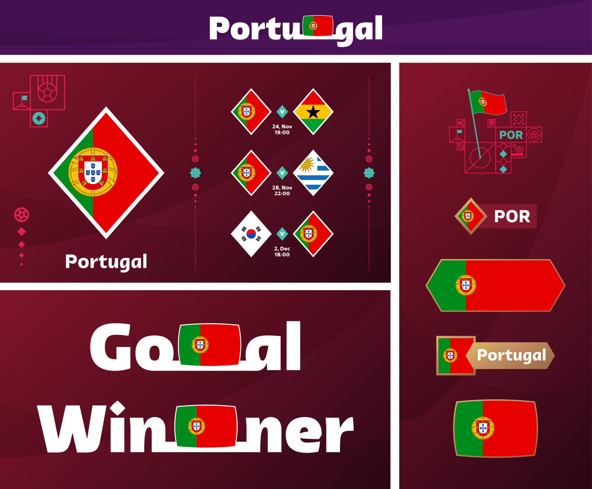 portugal national team design media kit graphic collection. 2022 world  Football or Soccer Championship design elements vector set. Banners,  Posters, Social Media kit, templates, scoreboard 13337793 Vector Art at  Vecteezy