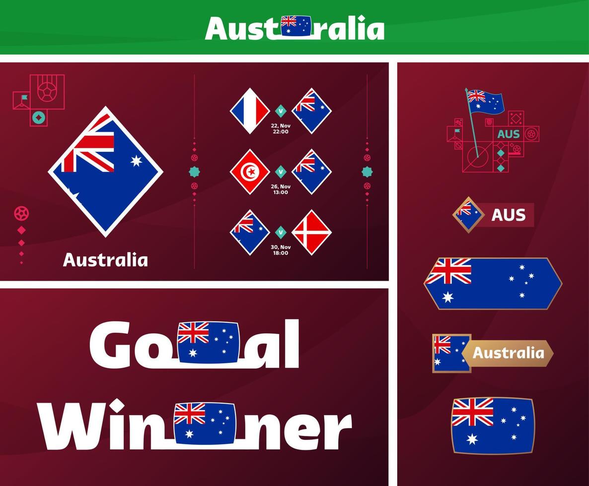 australia national team design media kit graphic collection. 2022 world Football or Soccer Championship design elements vector set. Banners, Posters, Social Media kit, templates, scoreboard