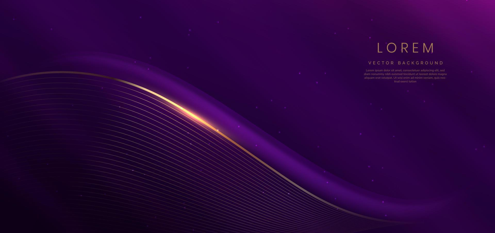 Luxury curve golden lines on dark purple  background with lighting effect copy space for text. Luxury design style. vector
