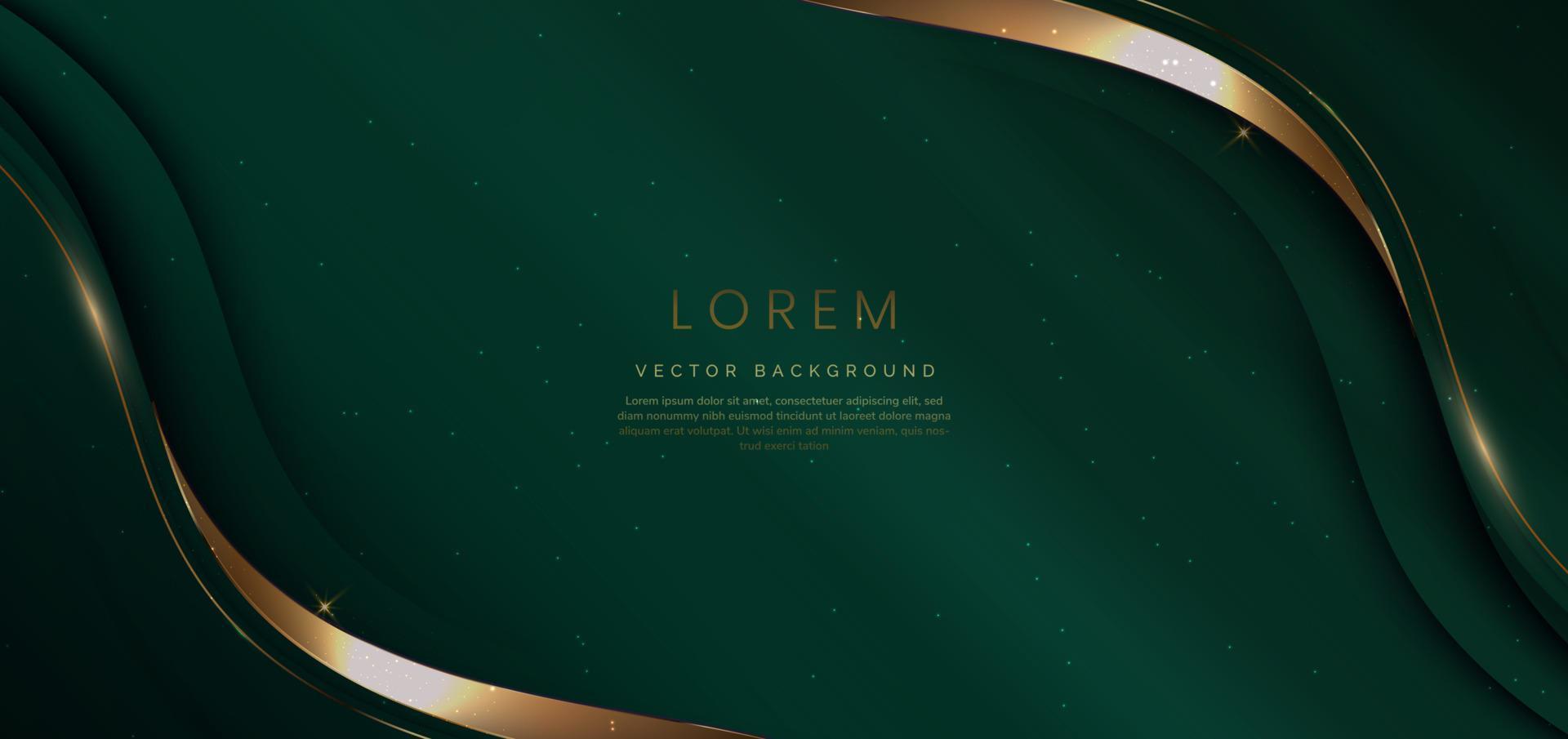 Luxury curve golden lines on dark green background with lighting effect and space for text. Luxury design style. Template premium award design. vector