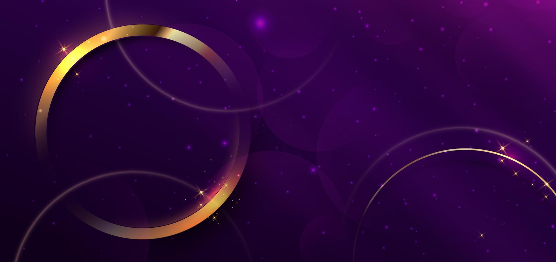 Círculo de oro 3d sobre fondo morado con efecto de iluminación y espacio para texto. vector