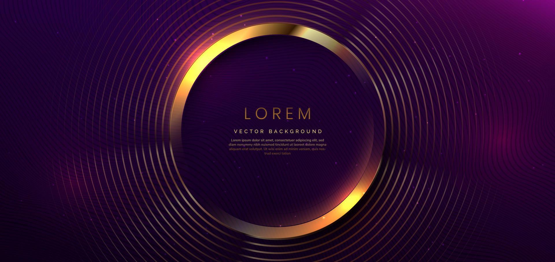 3D gold circle lines overlapping on dark purple background with lighting effect and space for text. vector