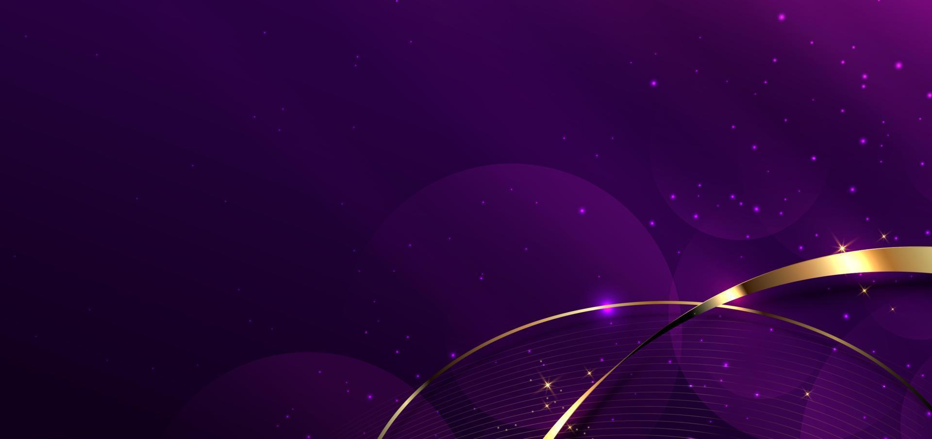 3D gold curved gold ribbon on purple background with lighting effect and space for text. Luxury design style. vector