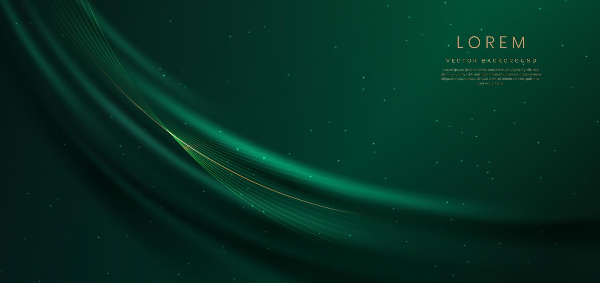 Abstact 3d luxury green curve with border golden curve lines elegant and lighting effect on green background. vector