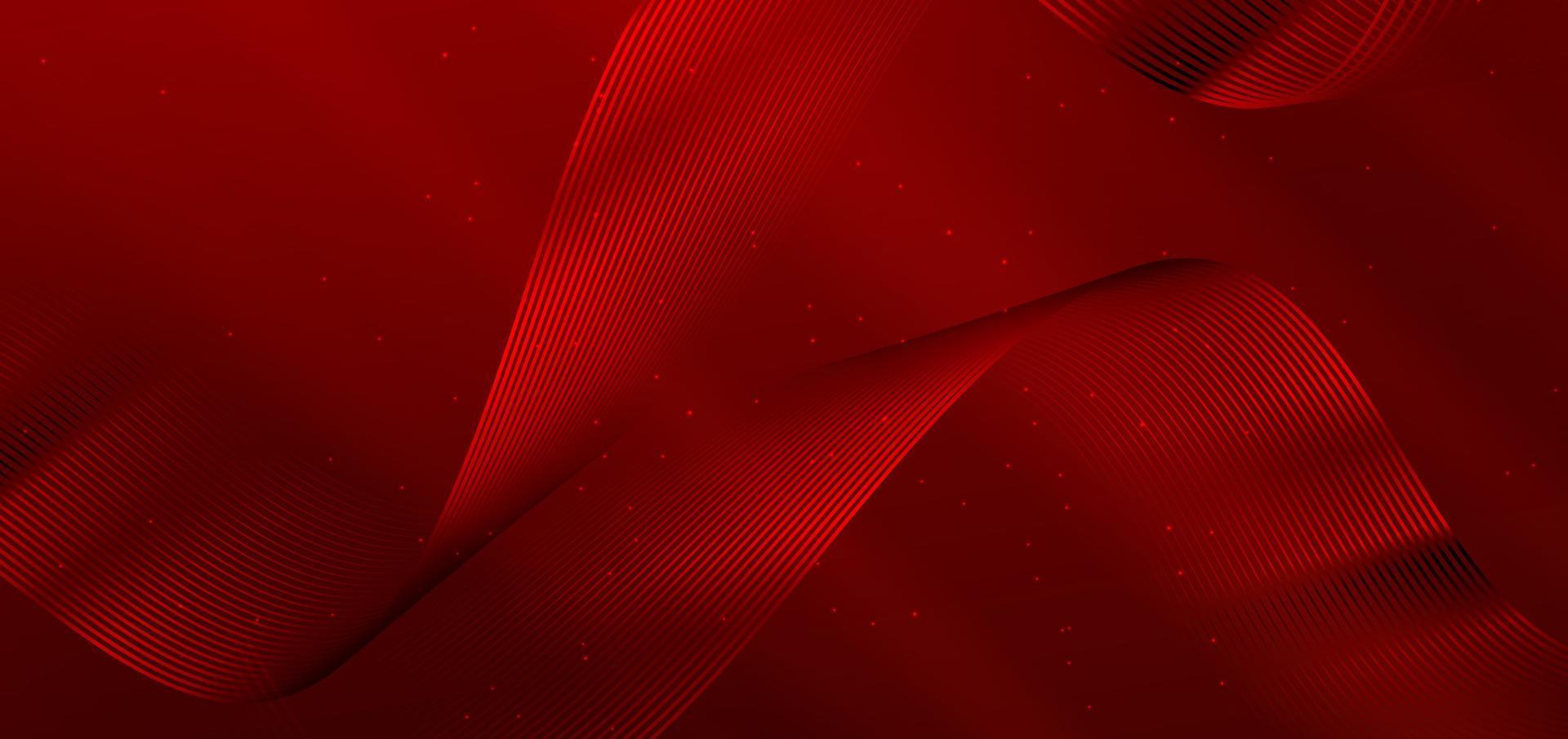Abstract luxury glowing lines curved overlapping on dark red background. vector